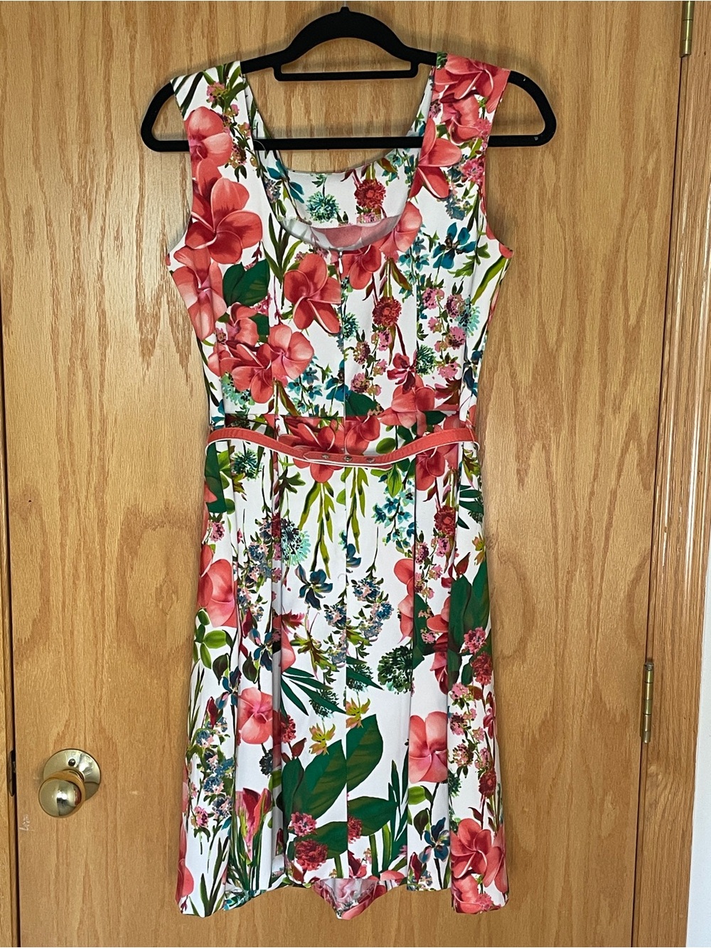 White Floral Midi Dress with Pink Tropical Print